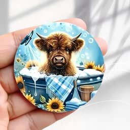 Ímã de geladeira vintage fofo bezerro banho bolha girassóis design -5,8 cm acrílico redondo adesivo de geladeira decoração retrô presente tamanho perfeito para geladeira, armário ou qualquer