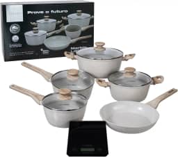 NEUHAUS Jogo de Panelas 5 Peças com Revestimento Cerâmico + Balança Digital Marble Life - Vanilla