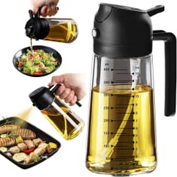 TrendPlain Pulverizador de azeite de oliva de vidro de 470 ml para cozinhar – Frasco dispensador de azeite 2 em 1 para utensílios de cozinha e acessórios de fritadeira de ar, salada, churrasco - preto