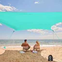 WEKAPO Abrigo Solar para Barraca de Praia - Dossel de Praia À Prova de Vento com 4 Varas Alongadas, Grandes Sacos de Areia e Pá, 7'1 '' de Altura, Guarda-Sol de Praia para Férias Em Família e Acampame