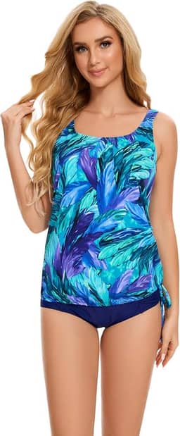 Tanquíni feminino de duas peças para mastectomia com bolsos divididos para o sol Derss238g