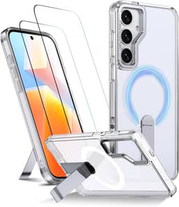 Capa para Samsung Galaxy S24 FE Capinha - Compatível com MagSafe, com protetor de ecrã temperado de 2 peças, estojo ultrafino resistente a choques e quedas com suporte ajustável - Transparente