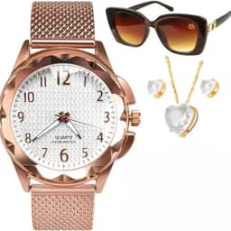 Relogio feminino prova dagua social medio + caixa presente premium + oculos sol original + kit joias colar e brincos folhadas moda casual luxo