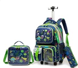 Kit Escolar Infantil com Mochila de Rodinha, Lancheira e Estojo, 3 Peças (Dinossauro Espacial)