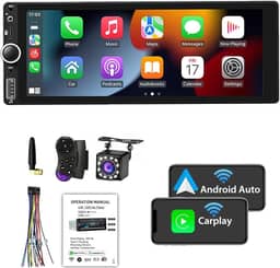 Rádio Automotivo Multimidia 1 Din com CarPlay, Android Auto, Bluetooth, Câmera de Ré e Controle de Voz, Tela Sensível ao Toque de 6.9 Polegadas - Ideal para Caminhões e Carros