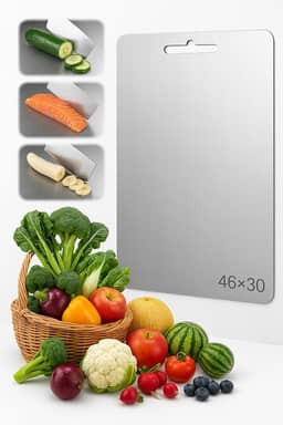 Tábua de Corte de Titânio para Cozinha Aço Inoxidável e PP, Superfície Higiênica para Carnes, Frutas e Vegetais, Afiador Integrado, Canaletas Antirrespingo, Base Antiderrapante Tábua Inox de Cortar