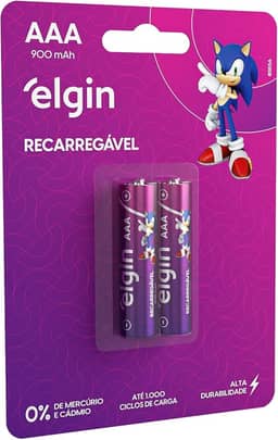 Pilha Recarregável Ni-MH AAA-900mAh blister com 2 pilhas, Elgin, Baterias, 82168