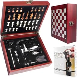 Abridor de vinho 2 em 1 e conjunto de xadrez para amantes de vinho Caixa com tabuleiro de xadrez, peças de xadrez/Abridor de garrafas Kit Abridor Vinho Aço Inoxidável 9 Pçs