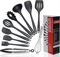 LUMAI Kit 10 Utensílios de Cozinha em Silicone e Aço Inox, Resistentes ao Calor e Antirriscos, Não Arranham Panelas, Conjunto Acessórios de Cozinha Completo com Espátula, Pegador, Concha, Colher Preto