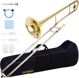 Trombone deslizante tenor Bb, instrumento de trombone plano banhado a latão para estudantes iniciantes com estojo rígido luvas brancas e bocal (ouro)