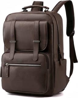 Mochila de Couro Sintético para Adulto, Cabe Notebook de 15,6 Polegadas