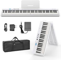 BESFAN Piano BSP-10F com teclado portátil de 88 teclas, teclado semipesado, 128 tons, USB MIDI, pedal de sustentação, suporte de música para presentes iniciantes, branco