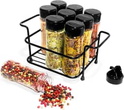 Porta Tempero Condimento 9 Potes Plástico Tampa Dosadora Suporte Preto Organização Cozinha