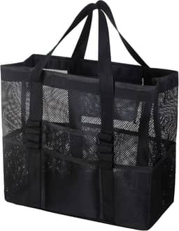 Bolsa de praia grande de malha – Bolsa de praia leve com 9 bolsos, bolsa de praia para mulheres, homens, itens essenciais para a família