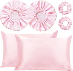 Kit 2 Fronha De Cetim Seda + 2 Toucas + 2 Xuxinhas (Rosa-claro)