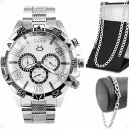 Relógio Masculino Prova D' Água Prata Grande + Cordão e Pulseira Aço Inox + Caixa Original Presente