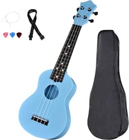 Ukulele de brinquedo infantil de plástico de 53 cm, instrumento musical, ukulele presente para crianças iniciantes com cordas de palhetas de saco (azul claro)