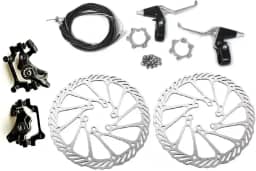 Kit de freio de disco frontal e traseiro BlueSunshine – pinças de liga de alumínio, 2 peças de aço inoxidável G3 160 mm rotores e cabo e alavanca de freio e 12 parafusos, cubos roscados de roda livre distância de 48 mm