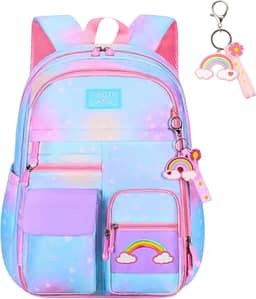 Mochila Escolar Infantil Kawaii Meninas Ensino Fundamental com Compartimentos Femininas Casuais Arco-íris Daypack