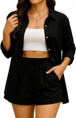 Conjunto feminino de 2 peças de agasalho de verão casual de praia, preto