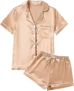 Pijama feminino de manga curta com botões macios, conjunto de 2 peças de shorts de cetim