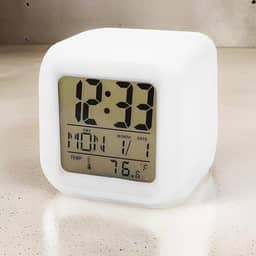 Relógio Despertador Digital Cubo, LED Multicolorido, Termômetro, Data, Alarme Com 8 Sons, Função Soneca, Multifuncional, Marca VARENZIA