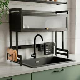 Decolab Escorredor de Louça Multiuso Para Pia Suspenso Grande com Armário Gaveta Porta Retrátil (Preto, 2 Andares)