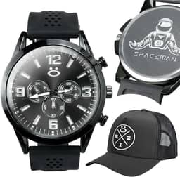 Relogio Masculino Preto Analogico Esportivo Silicone Conforto + Bone Redinha Ajustavel Qualidade Premium Casual Social Kit Presente Moderno Minimalista