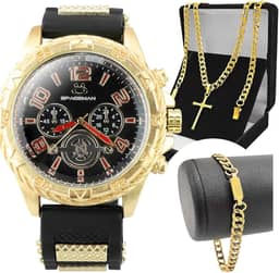 Relógio Masculino Dourado Analógico com Pulseira de Silicone Grande + Cordão Banhado a 18k + Pulseira Corrente Amassada
