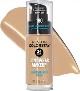 REVLON Base Líquida, Colorstay Face Makeup Para Pele Normal E Seca, Fps 20, Cobertura Média-Total De Longa Duração Com Acabamento Natural, Sem Óleo, 180 Sand Beige, 1 Fl Oz
