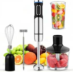 Mixer portátil 5 em 1, Ajuste de 8 velocidades, Com triturador, 304 lâmina de aço inoxidável, batedor de ovos, borbulhador e copo de medição, Adequado para sopas, smoothies e purés