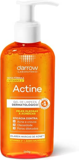 Darrow Actine Gel de Limpeza Dermatológico Facial com Ácido Salicílico, Vitamina C e Lactato de Mentila, Redução de 86% da Acne e -90% Oleosidade Imediatamente, 140g