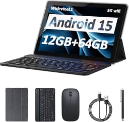 Tablet Android 15 de 10 polegadas, 12 GB de RAM + 64 GB de ROM + 1 TB expansível, tablets 2 em 1 com teclado/capa/mouse/caneta, processador quad-core de 1,8 GHz, câmera de 8 MP, tablet de tela HD 1280