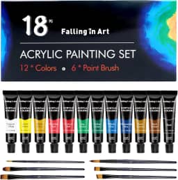 Falling in Art Conjunto de tinta acrílica, 12 tubos, pigmentos ricos não tóxicos, cores com 6 pincéis, ideal para pintura em tela, madeira, tecido, conjunto de tintas artesanais para iniciantes e