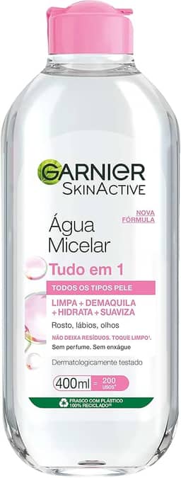 Garnier SkinActive Água Micelar de Limpeza Tudo em 1, Solução Demaquilante que Limpa, Tonifica e Remove Oleosidade, Fórmula Suave Sem Álcool para Todos os Tipos de Pele, 400ml