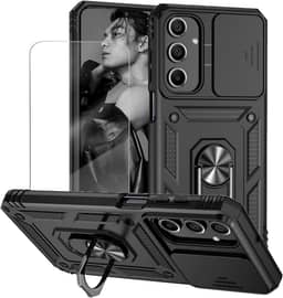 Capa para Samsung Galaxy A55 Capinha | com 2 peças de protetor de tela temperado com janela deslizante da câmera e suporte para telefone incluídos - Preto