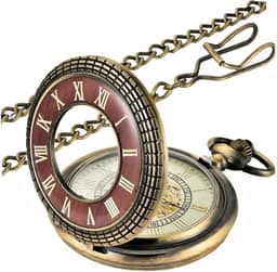 Relógio de bolso vintage de quartzo em escala de algarismos romanos, design oco de madeira com corrente para presente de Natal e Dia dos Pais