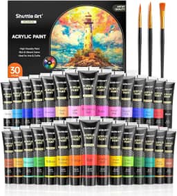 Shuttle Art Conjunto de tinta acrílica de 30 cores, tubos de 36 ml com 3 pincéis, tinta acrílica de grau artístico, para crianças, adultos, iniciantes, pintura em artesanato, tela, rochas de madeira