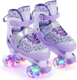 TOMSHOO Patins para meninas patins infantis ajustáveis com ajuste de 4 tamanhos (3,5-6), rodas iluminadas piscando, proteção tripla de rolamento ABEC para iniciantes (roxo, G)