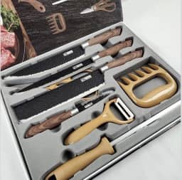 Kit Churrasco Premium 8 Peças – Conjunto Profissional de Facas Gourmet em Aço Inoxidável com Lâminas Antiaderentes e Corte Navalha – Amadeirado