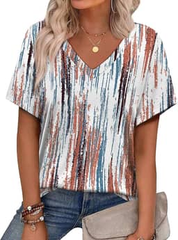 Camisetas femininas de verão 2025 gola V manga curta roupas modernas elegantes casuais de férias estampadas