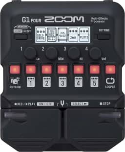 Pedal processador multiefeitos para guitarra Zoom G1 Four, com mais de 60 efeitos embutidos, modelagem de amplificador, e mais