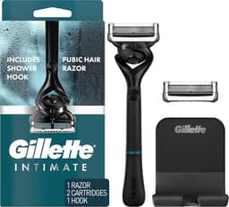 Gillette Navalha íntima para homens, barbeadores pubianos masculinos para paisagem, suave e fácil de usar, projetado para pelos pubianos, 1 alça, 2 refis de lâmina