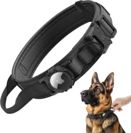 Coleira tática para cães Airtag [preta, GG], coleira de cachorro com etiqueta de ar militar, coleira para cães de treinamento pesado, coleira de cachorro com GPS ajustável para AirTag com suporte Apple AirTag e alça de controle para cães médios e grandes