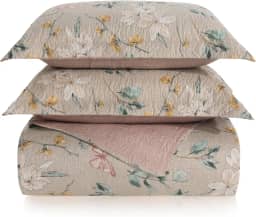 Kit Cobre Leito Colcha Boutis 3 Peças Matelado Ultrassônico Estampado Dupla Face Porta Travesseiro Aba Americana Micro Percal 150 Fios (Isabel Areia, Casal)