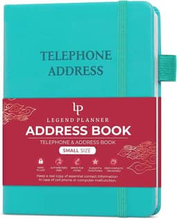 Legend Planner Livro de endereços com abas alfabéticas – Mini livro de contatos telefônicos para números de telefone, endereços, senhas, pequeno (turquesa)