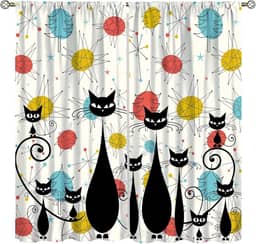 Cortina moderna para gatos de meados do século, diamantes atômicos Sputnik, preto, retrô, abstrata, geométrica, década de 1950, 1960, cortinas de janela para quarto e sala de estar, 106,7 cm L