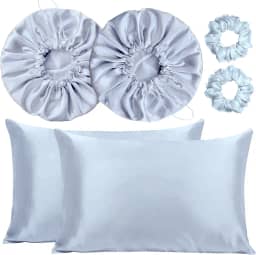 Kit 2 Fronha De Cetim Seda + 2 Toucas + 2 Xuxinhas (Prata)