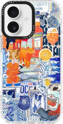 Capa para iPhone 17 Pro Max, estampa mediterrânea de colagem Aperol com gatos, proteção contra quedas de nível militar, proteção de TPU macio e fino para mulheres e meninas