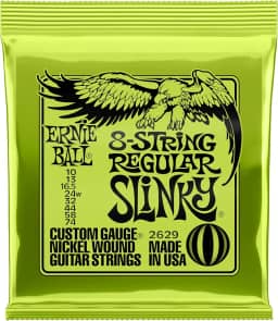 Cordas de guitarra elétrica 8 cordas Ernie Ball Skinny Top Heavy Bottom Slinky Nickel Wound P02629, calibre 10-74